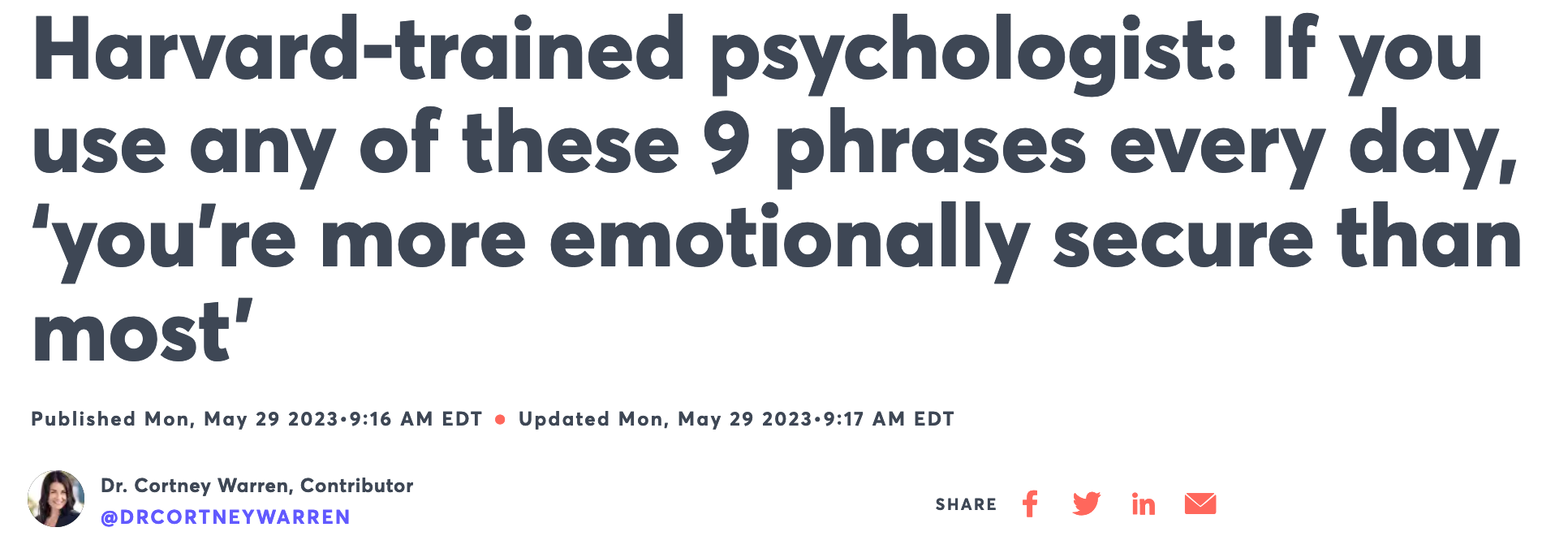 A headline that reads: Harvard-trained psycholgist: if you use any of these phrases you're more emotionally more secure than most."
