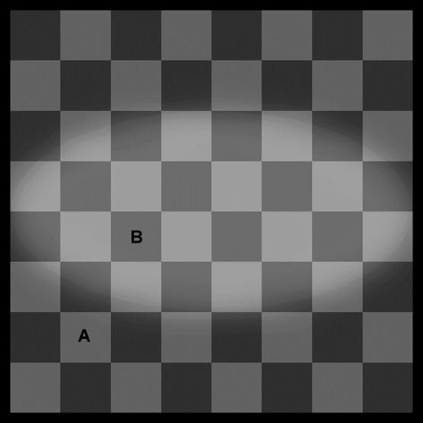 An optical illusion where A and B indicate squares that appear to be different shades - where they are in fact the same.