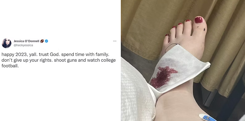 An image of a tweet that reads "Jessica 'Donnell happy 2023, yall. trust God. spend time with family. don't give up your rights. shoot guns and watch college football" superimposed with a gunshot foot covered in a bandage.