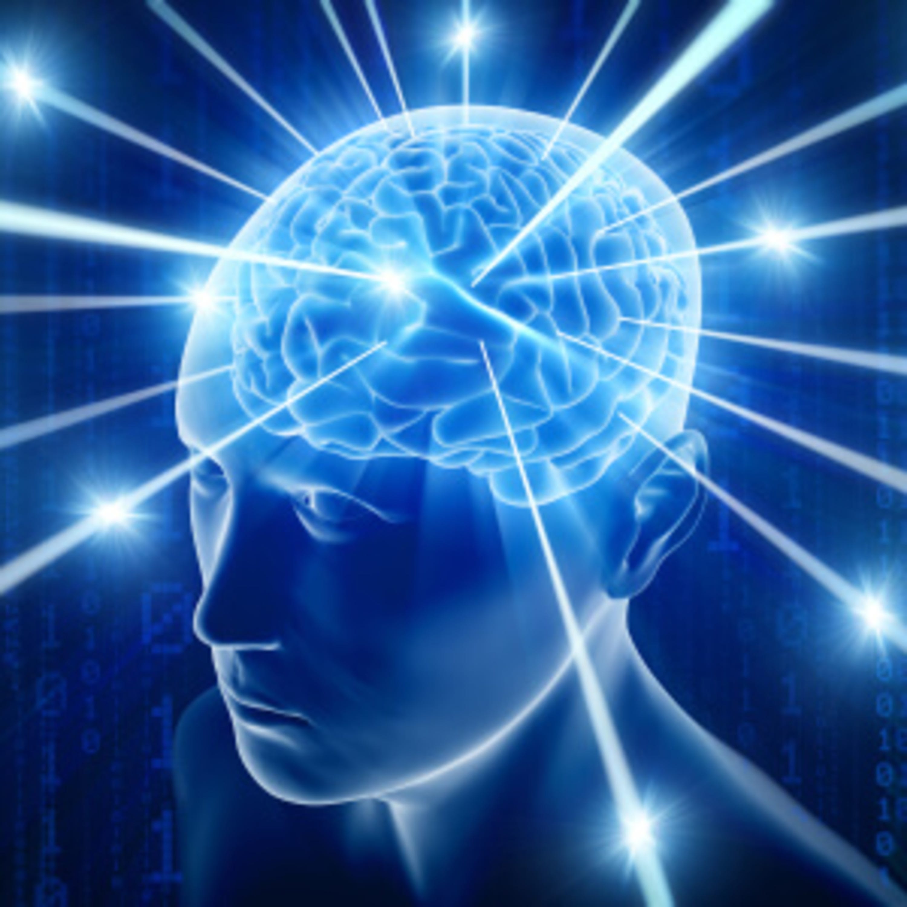 "Galaxy Brain" - an image of a computer-generated person with a bright blue brain emitting rays of light. The person is probably dead. 