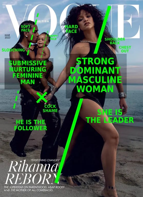 A picture of Rhianna, A$AP Rocky, and their son on the cover of Vogue, edited by some weirdo with strange green text