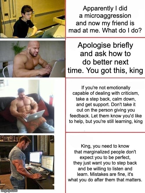 A meme featuring four males sitting at laptops, each of whom increases more or less exponentially in muscle mass. (The first man is a skinny kid.) Unfortunately there's too much text for the alt text, but the gist is that mistakes are fine; it's what you do after them that matters.