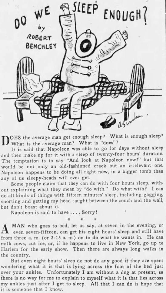 Too long for alt text: A screenshot of a newspaper article that begins "Does the average man get enough sleep? What is enough sleep? What is the average man? What is 'does'?"