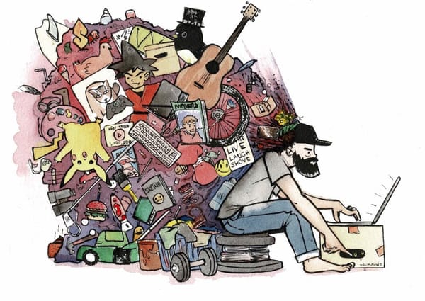 A cartoon I did of a bunch of pop culture garbage exploding out the back of my head