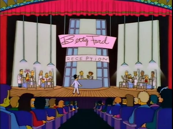 A screenshot of the musical spoof from the 1997 Simpsons episode The City of New York vs. Homer Simpson